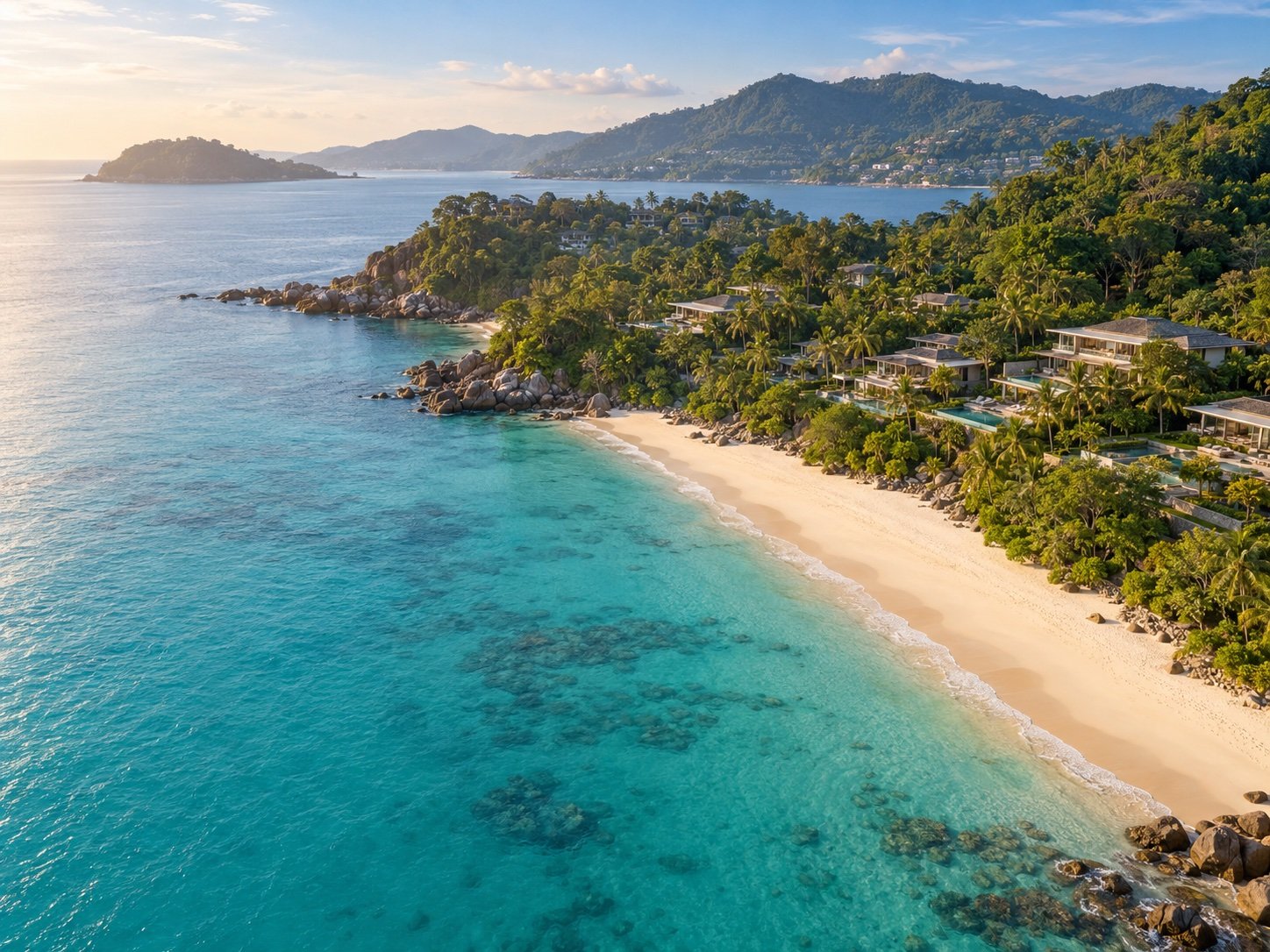 Aerial view of a tropical Phuket coastline with beachfront resorts